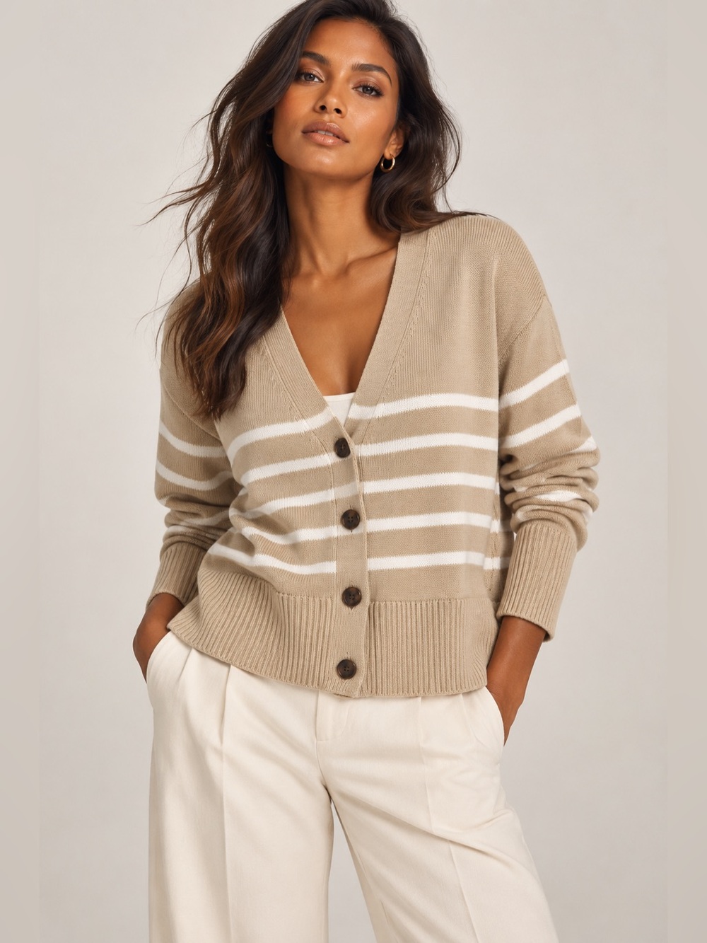 GAP Beige & White Striped V-Neck Button Cardigan